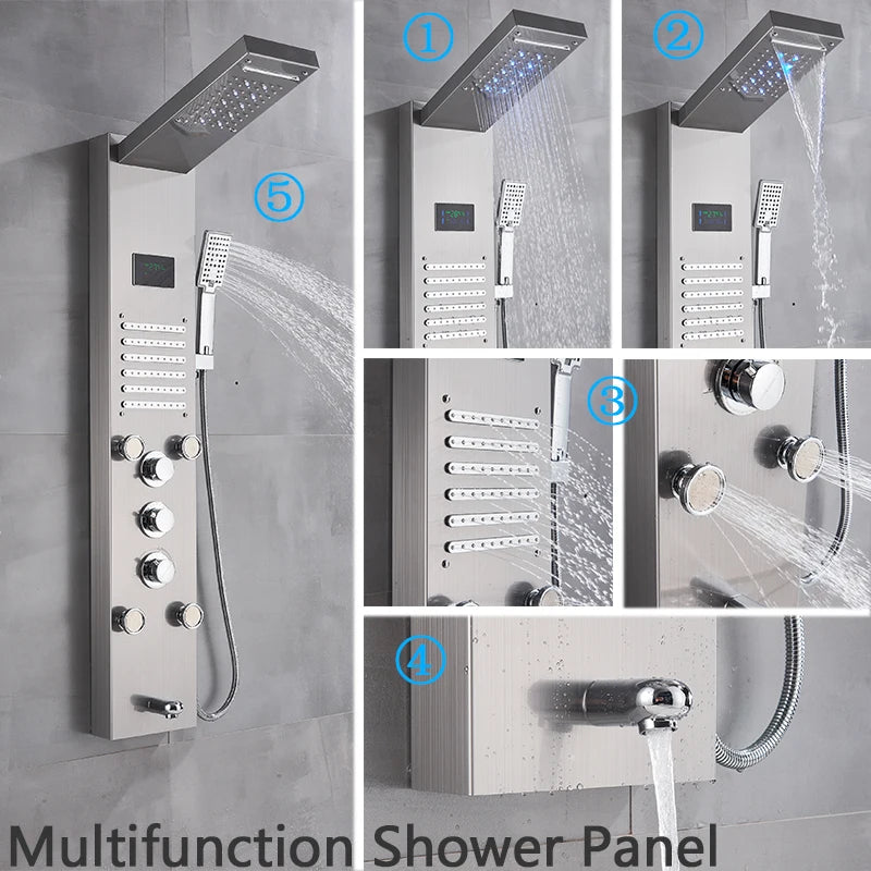 Brushed Nickel Bathroom Shower Column Wall Mounted Black LED Shower Panel Faucets Rainfall Digital Screen 6 Modes Mixer Tap