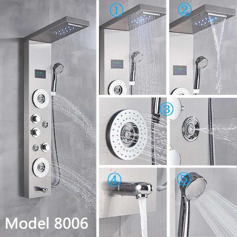 Brushed Nickel Bathroom Shower Column Wall Mounted Black LED Shower Panel Faucets Rainfall Digital Screen 6 Modes Mixer Tap