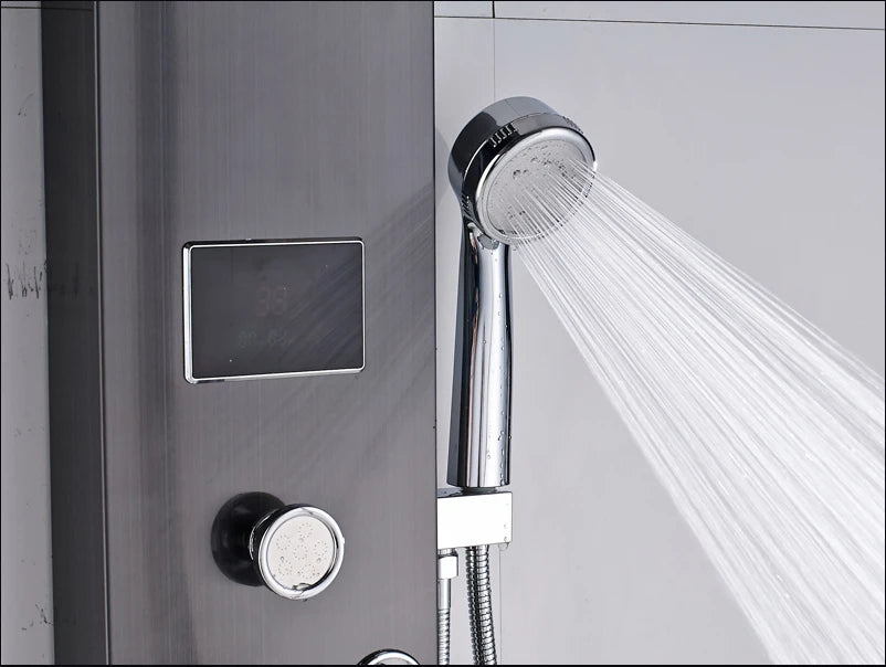 Brushed Nickel Bathroom Shower Column Wall Mounted Black LED Shower Panel Faucets Rainfall Digital Screen 6 Modes Mixer Tap