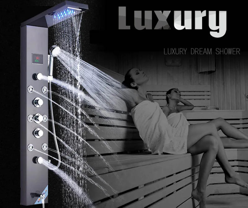 Brushed Nickel Bathroom Shower Column Wall Mounted Black LED Shower Panel Faucets Rainfall Digital Screen 6 Modes Mixer Tap