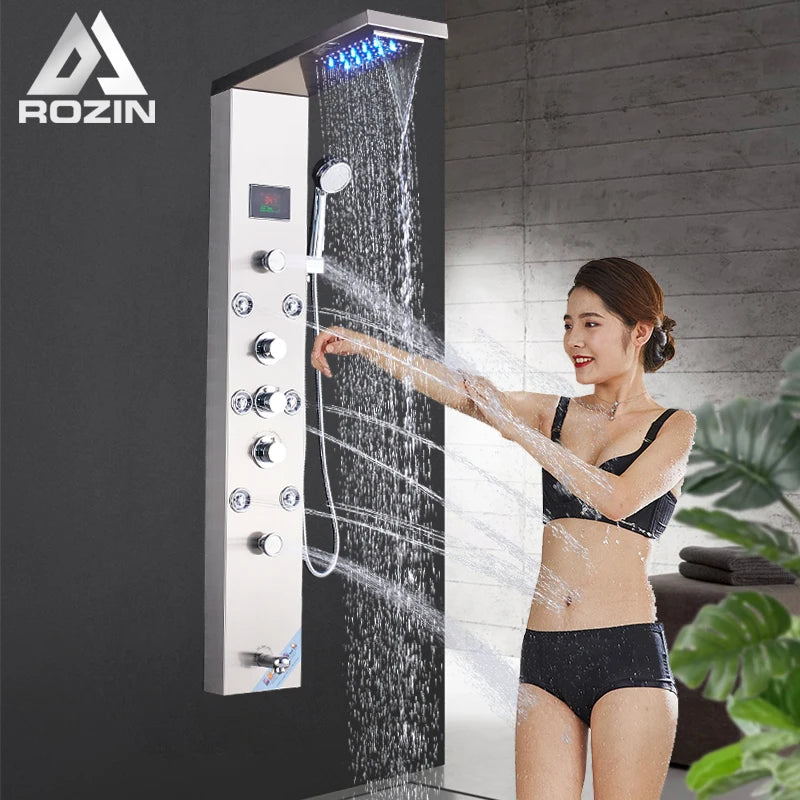 Brushed Nickel Bathroom Shower Column Wall Mounted Black LED Shower Panel Faucets Rainfall Digital Screen 6 Modes Mixer Tap