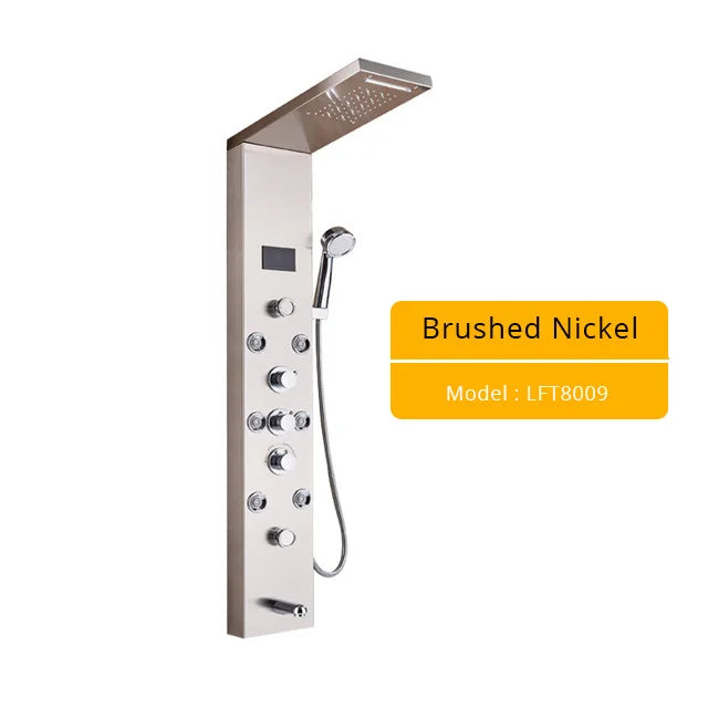 Brushed Nickel Bathroom Shower Column Wall Mounted Black LED Shower Panel Faucets Rainfall Digital Screen 6 Modes Mixer Tap