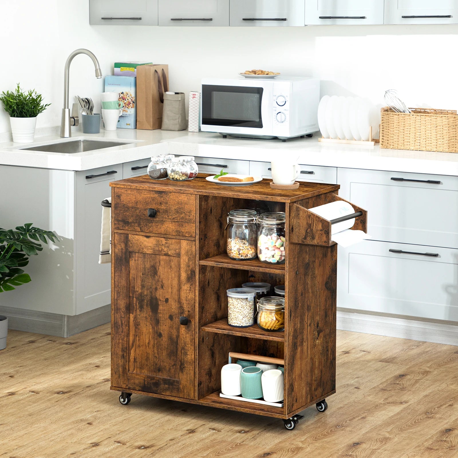 Storage Cabinet with Drawer, Kitchen Cart with Spice and Towel Rack