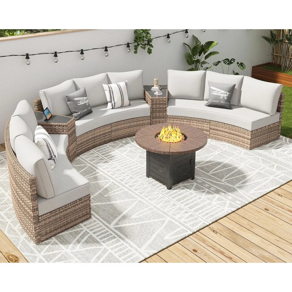 Patio Furniture Sets,11 Piece Half-Moon Sectional Round Sofa Set, Outdoor Patio Furniture with Cushions & Wedge Table