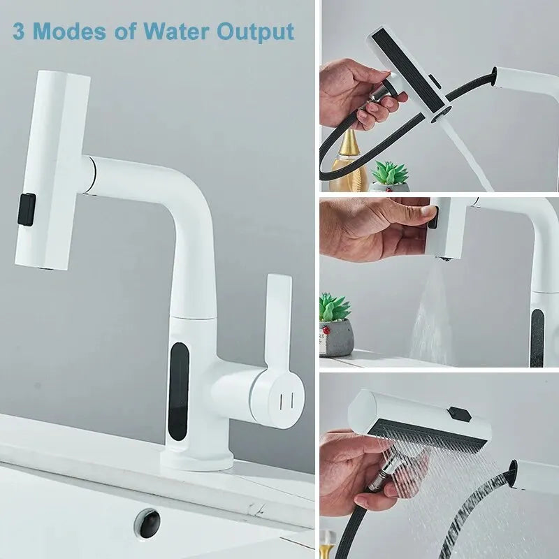 Temperature Digital Display Basin Faucet For Bathroom Pull Out Waterfall Stream 3 Way Sprayer Hot Cold Water Sink Mixer Wash Tap