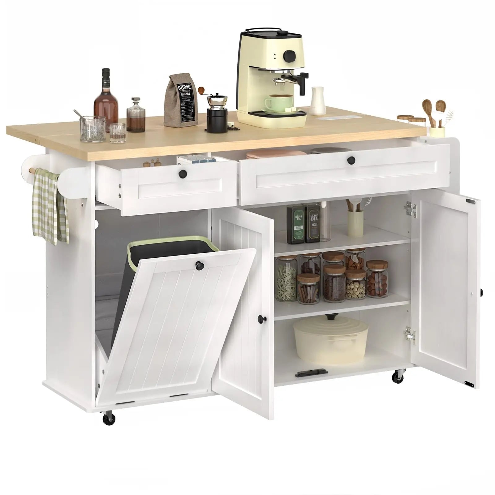 60" Mobile Kitchen Islands Rolling Trolleys Kitchen Island Table Drop Leaf Home Carts with Power Outlet Spice Towel Rack Trash