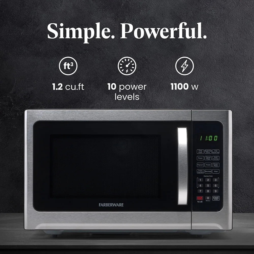 Smart Sensor Microwave Oven 1100W Countertop with Child Lock LED Display Timer One Touch Cooking Programs Easy Clean Stainless