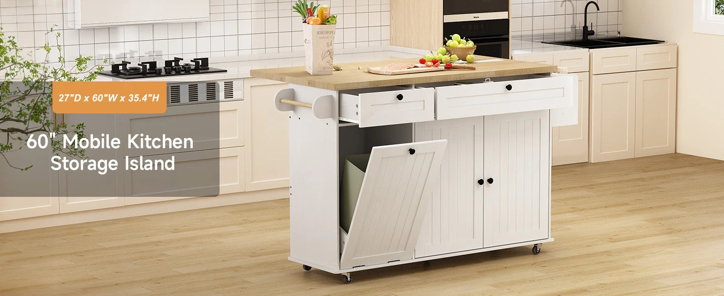 60" Mobile Kitchen Islands Rolling Trolleys Kitchen Island Table Drop Leaf Home Carts with Power Outlet Spice Towel Rack Trash