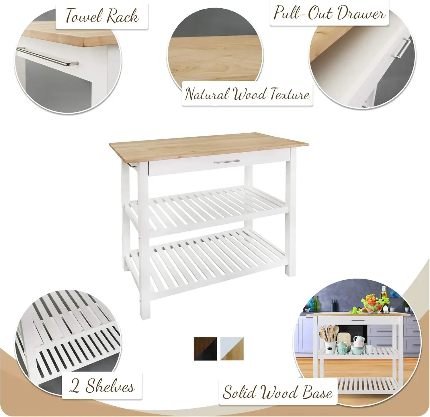 Natural/White Kitchen Island Natural&White Solid Wood Top