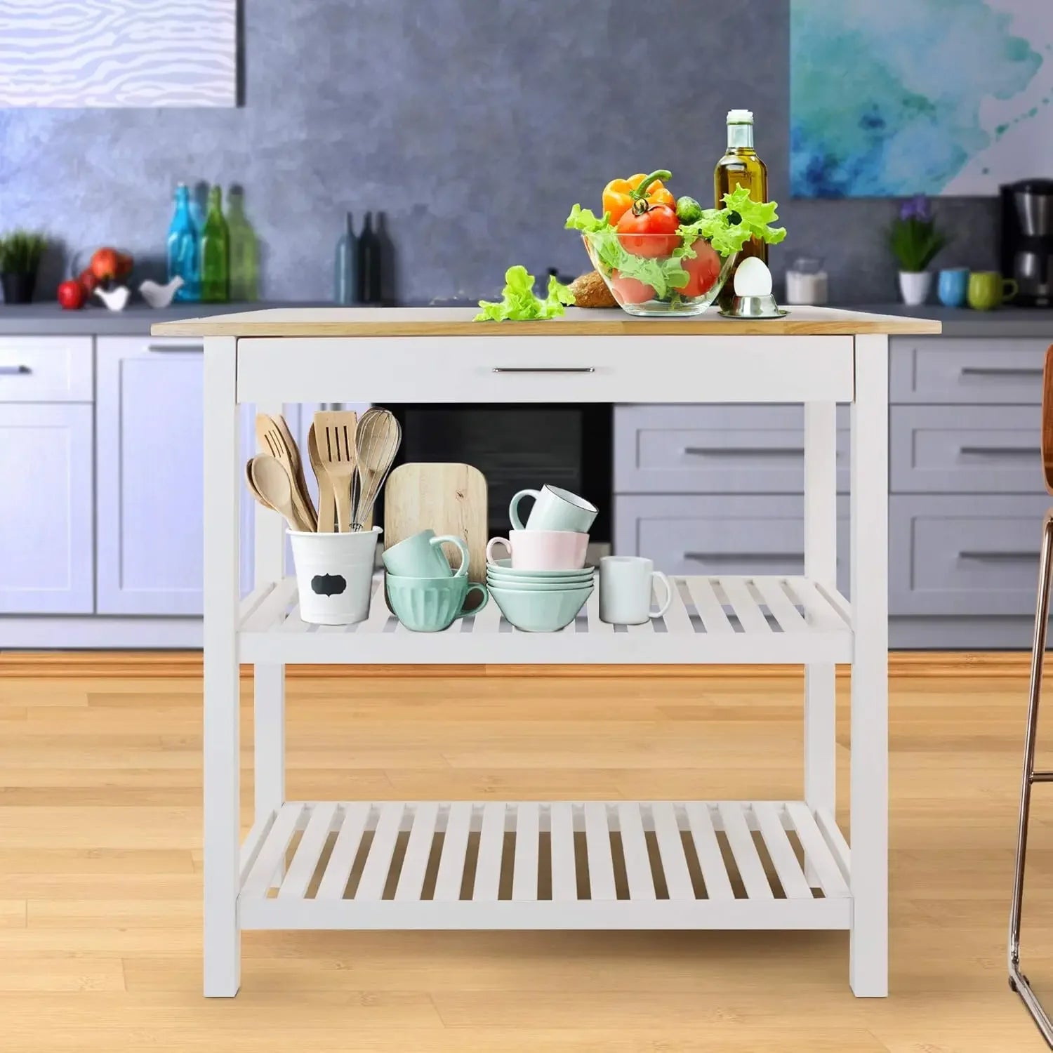 Natural/White Kitchen Island Natural&White Solid Wood Top