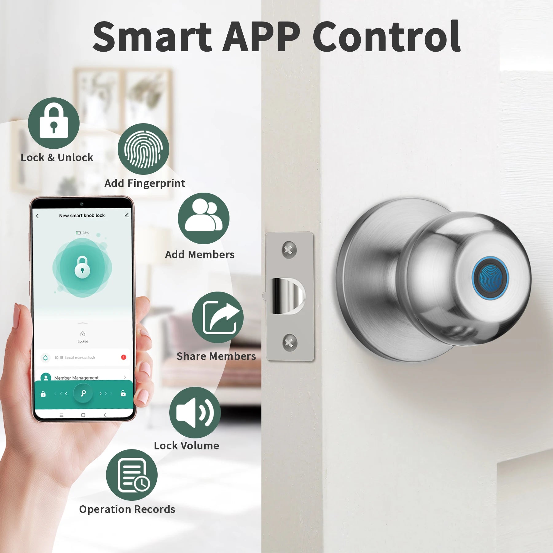 Fingerprint Bedroom Smart Lock Biometric Door Knob