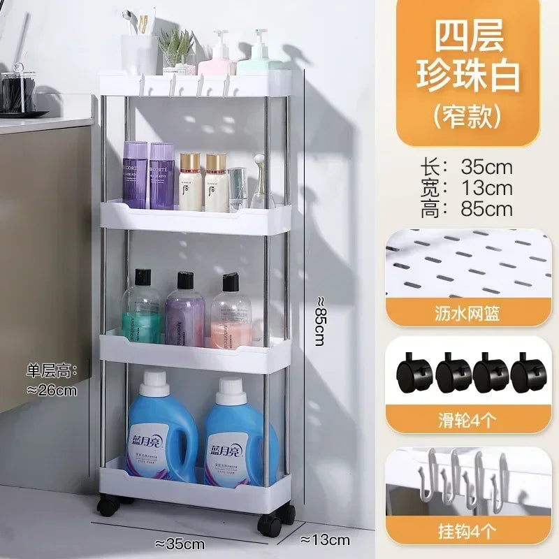 Bathroom Storage Rack with Wheels 3/4 Layer Rolling Utility Cart Bathroom Storage Organizer Multi-purpose Utility Cart