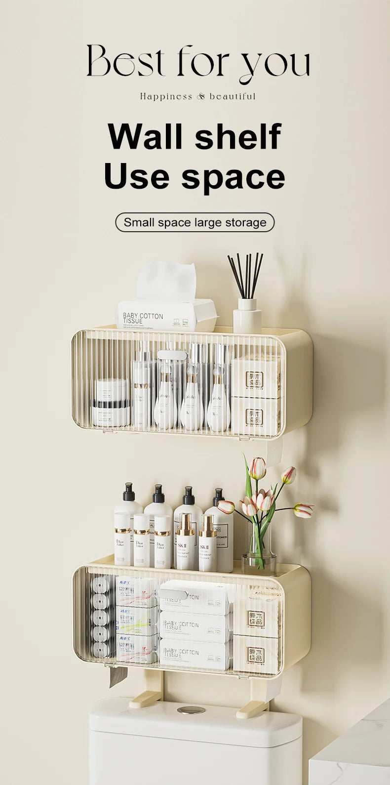 Toilet Shelf with Large Capacity, Multi-functional Wall-mounted Bathroom Storage Box without Drilling