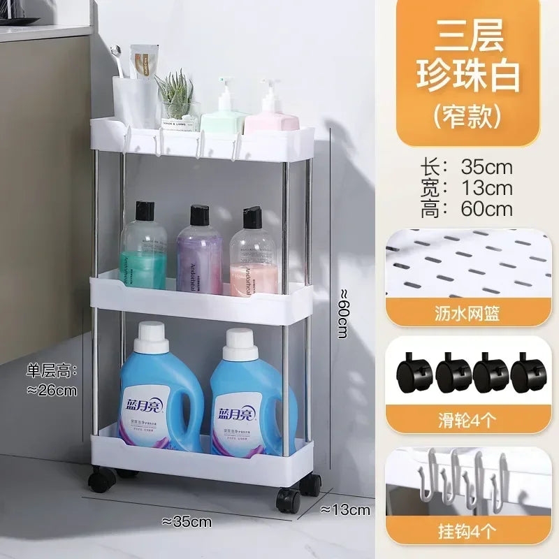 Bathroom Storage Rack with Wheels 3/4 Layer Rolling Utility Cart Bathroom Storage Organizer Multi-purpose Utility Cart