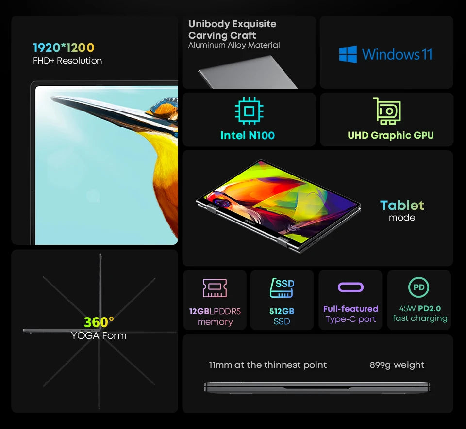 CHUWI MiniBook X Laptop Tablet 2 In 1 Intel N100 /N5100 10.51" FHD IPS Screen 12GB LPDDR5 512G SSD Windows 11 Notebook 1200*1920