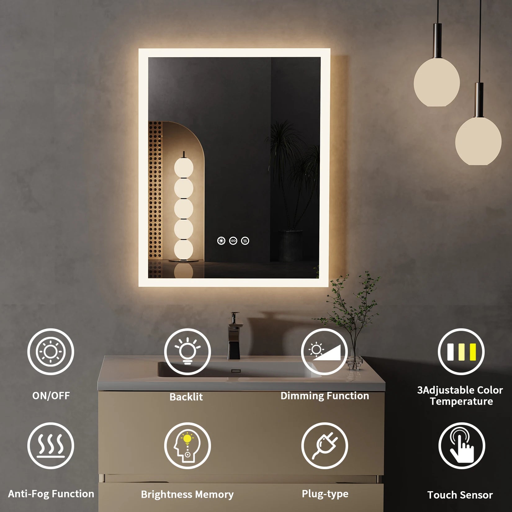 Wall Mounted LED Lighted Bathroom Mirror with Anti-Fog, 16x20 inch