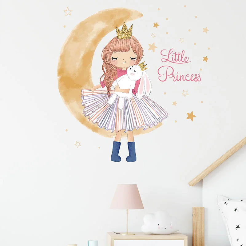 Girl Moon Butterflies Wall Stickers Kid Girls Room Bedroom Decoration Baby Nursery Home Decor Accessories Living Room Wall Decal