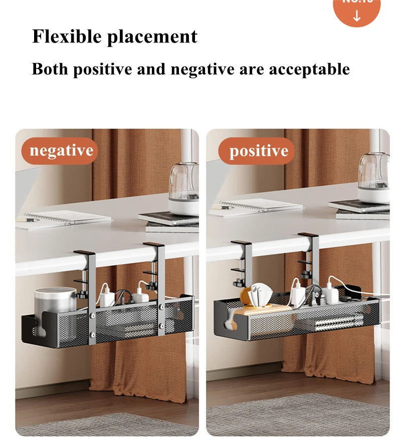 Under Table Storage Rack Metal Cable Management Tray Home Office Desk Wire Organizer No Punching Kitchen Storage Accessories