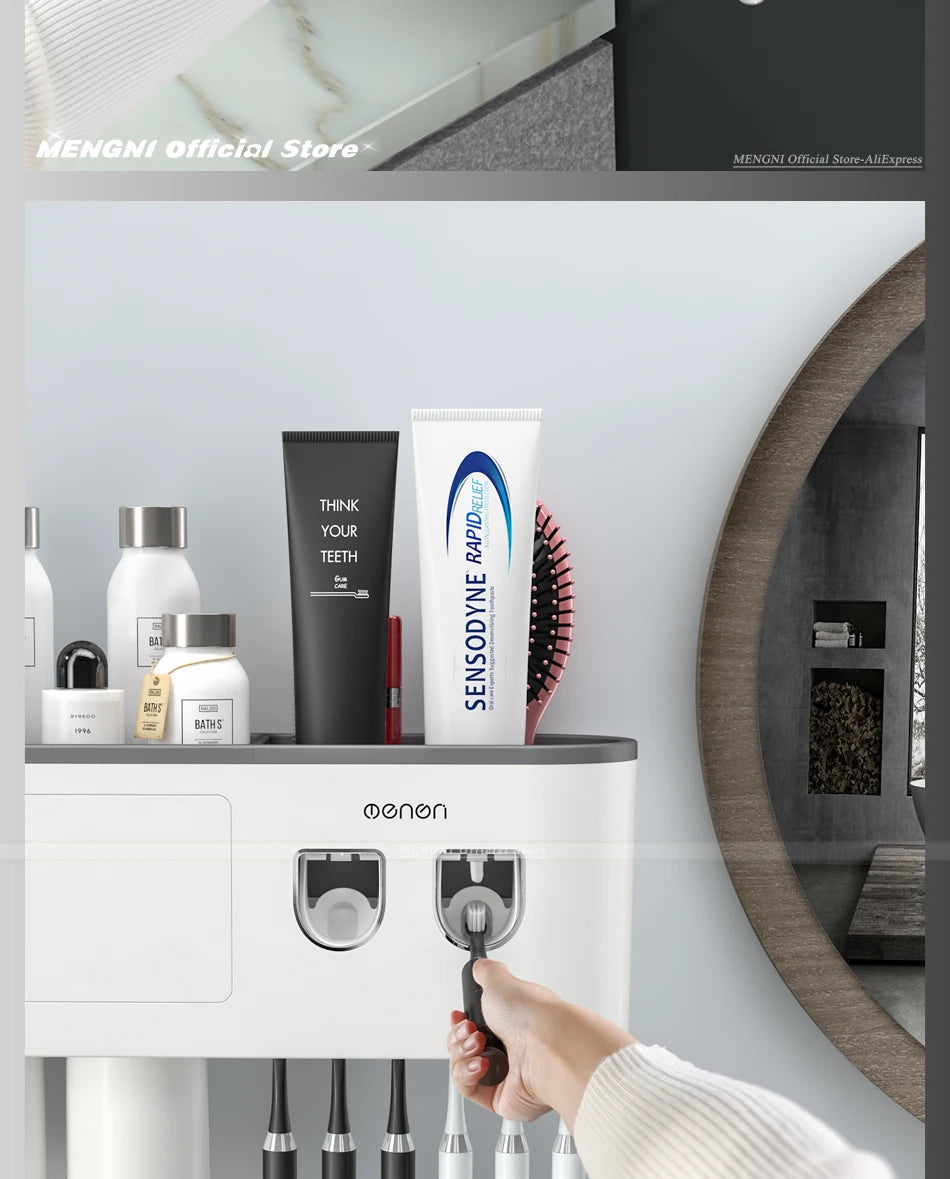 MENGNI-Magnetic Adsorption Inverted Toothbrush Holder Wall -Automatic Toothpaste Squeezer Storage Rack Bathroom Accessories