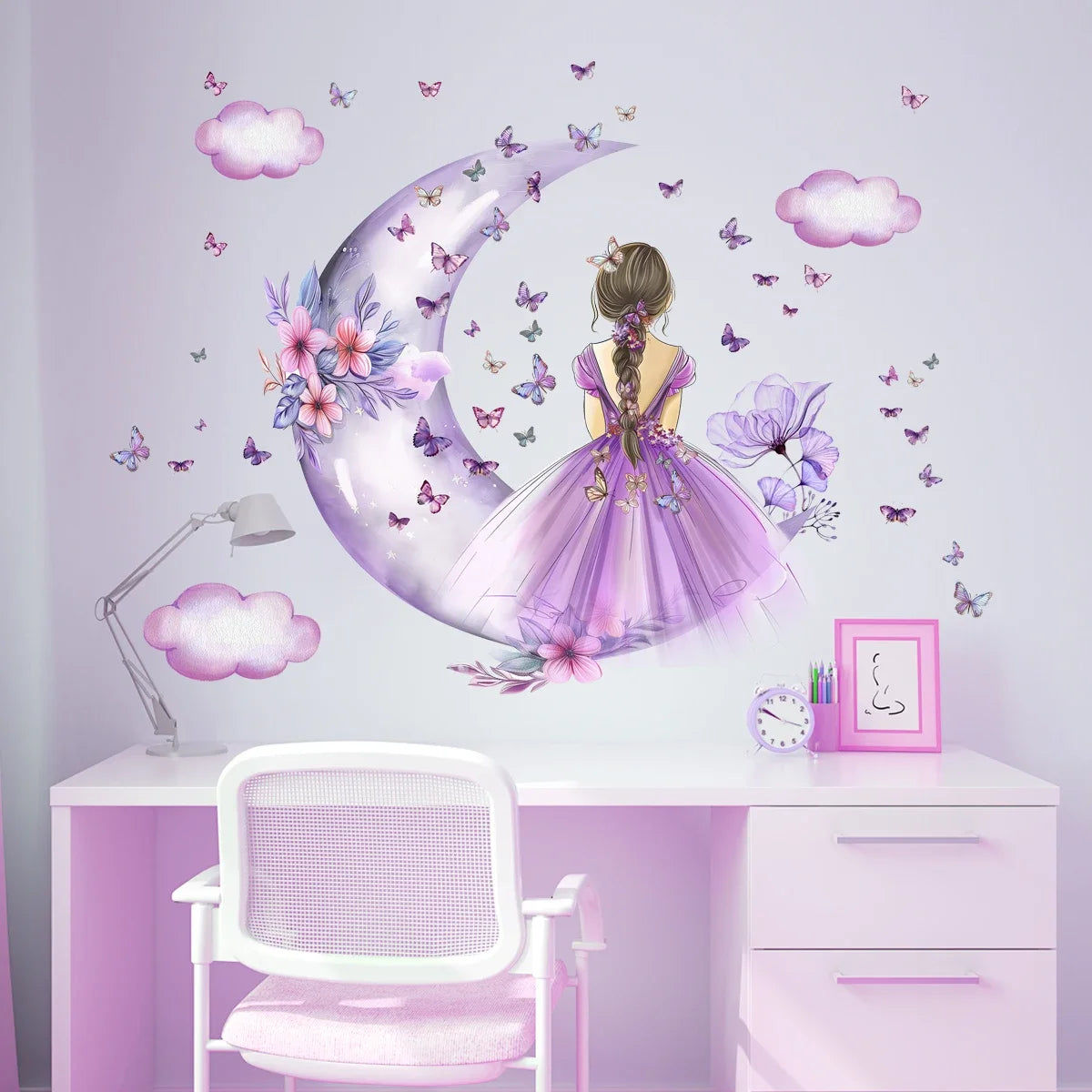 Girl Moon Butterflies Wall Stickers Kid Girls Room Bedroom Decoration Baby Nursery Home Decor Accessories Living Room Wall Decal