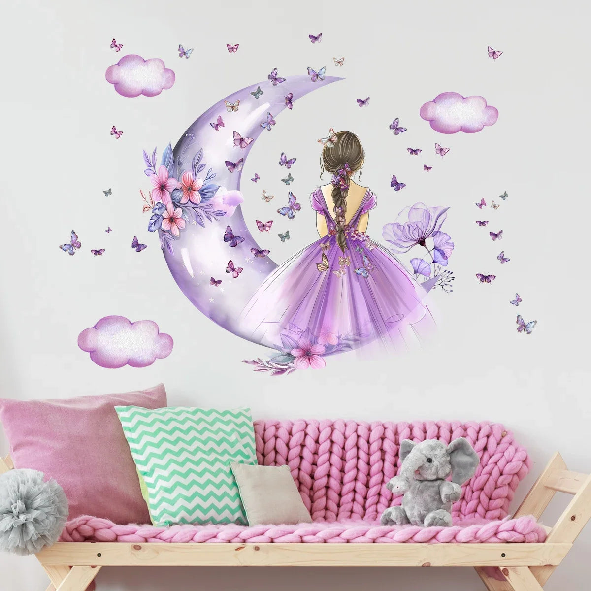 Girl Moon Butterflies Wall Stickers Kid Girls Room Bedroom Decoration Baby Nursery Home Decor Accessories Living Room Wall Decal