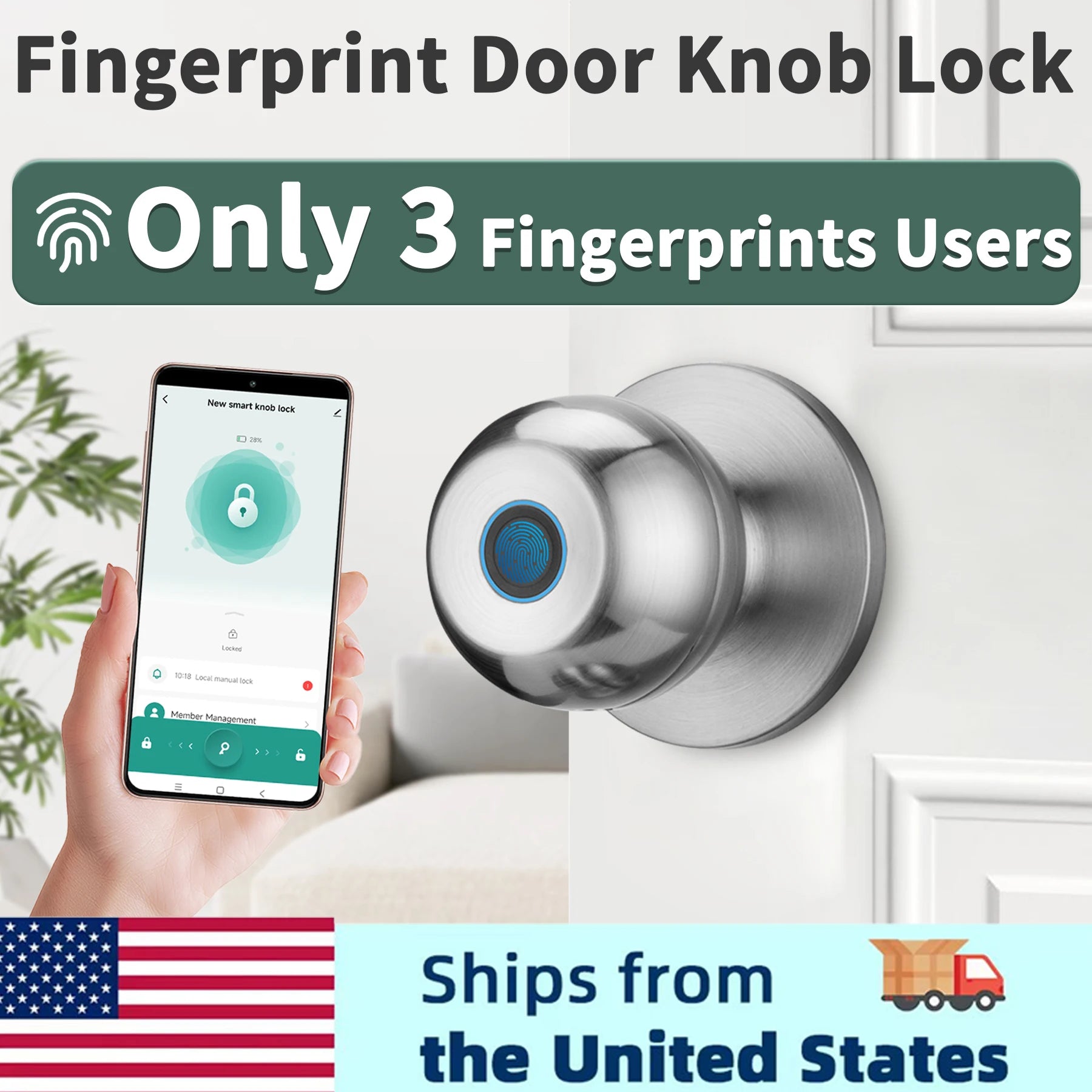 Fingerprint Bedroom Smart Lock Biometric Door Knob