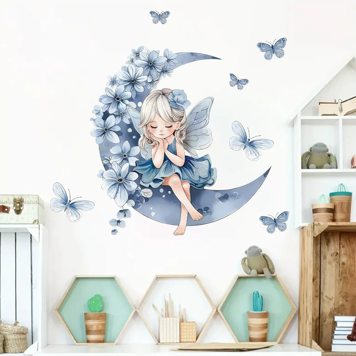 Girl Moon Butterflies Wall Stickers Kid Girls Room Bedroom Decoration Baby Nursery Home Decor Accessories Living Room Wall Decal