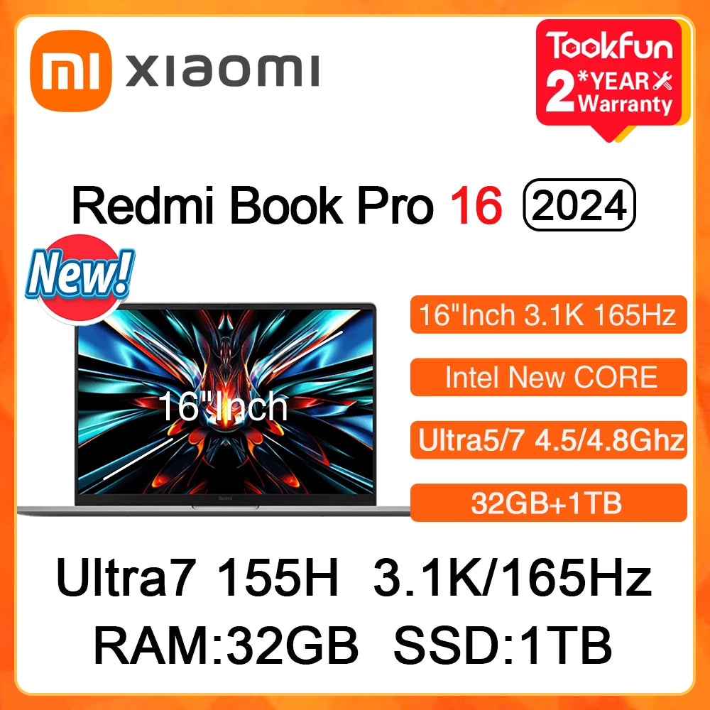 XIAOMI Redmi Book Pro 16 2024 Laptop Intel Ultra5 125H 7 155H RAM 32GB SSD 1TB 16"Inch 3.1K 165Hz Notebook Ultrabook Computer PC