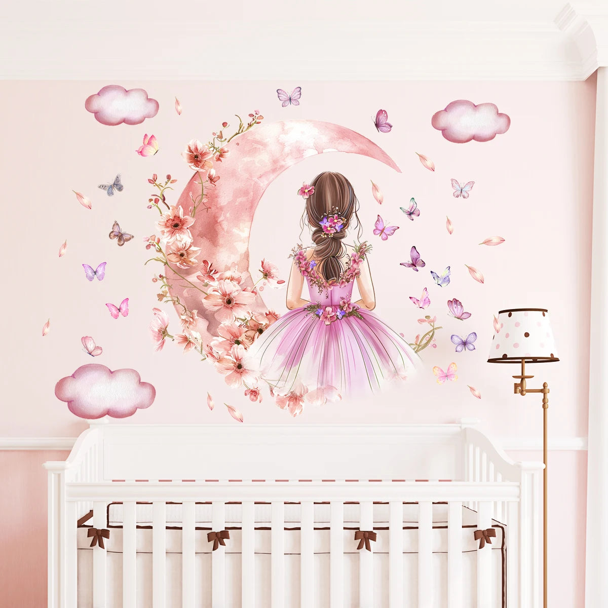 Girl Moon Butterflies Wall Stickers Kid Girls Room Bedroom Decoration Baby Nursery Home Decor Accessories Living Room Wall Decal