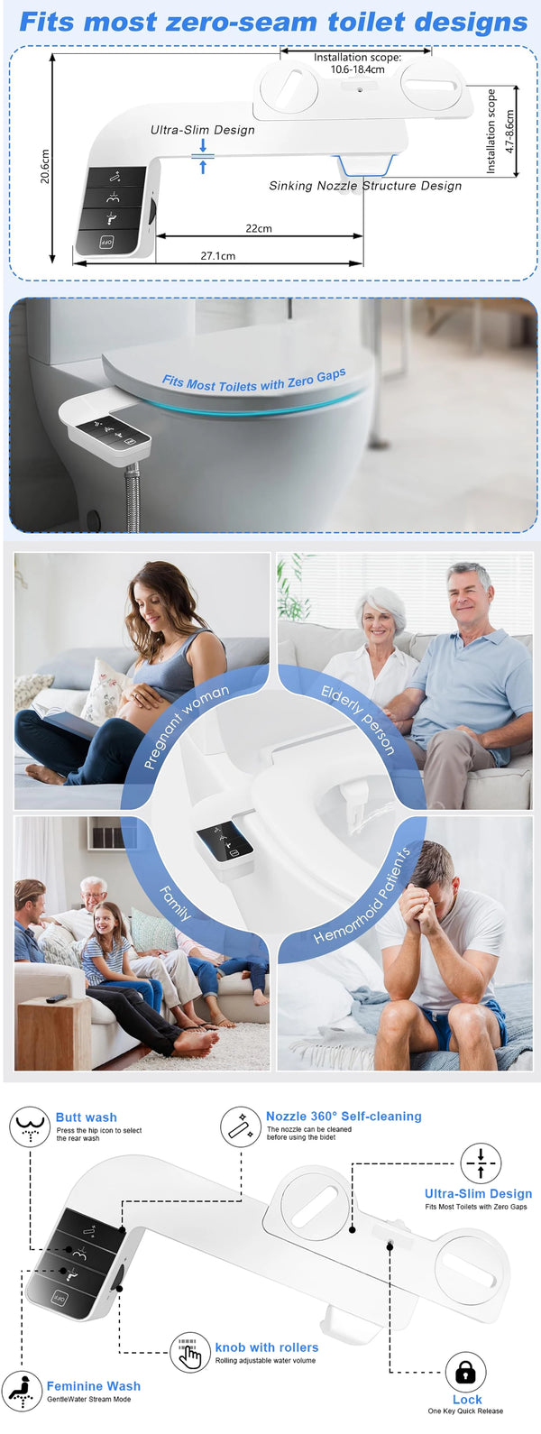 ITAX Self-Cleaning Nozzle,Non-Electric Self-Cleaning Bidet Attachment,Side Arm Control Ultra Thin Design Toilet Seat Dual Nozzle