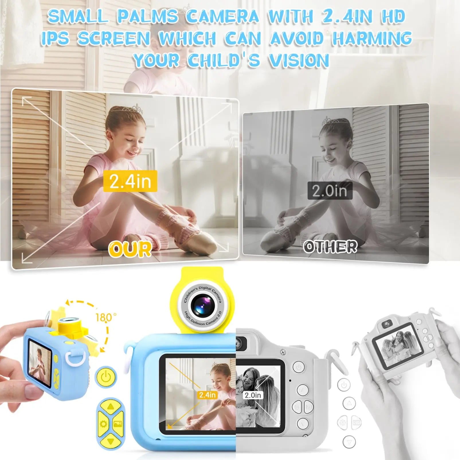 Kids Camera with 180° Flip-Up Lens, 2.4inch HD IPS Screen Digital Camera for Kids with Dinosaur Silicone Case, with 32GB SD Card