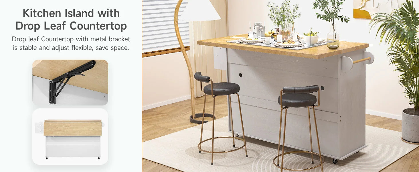 60" Mobile Kitchen Islands Rolling Trolleys Kitchen Island Table Drop Leaf Home Carts with Power Outlet Spice Towel Rack Trash