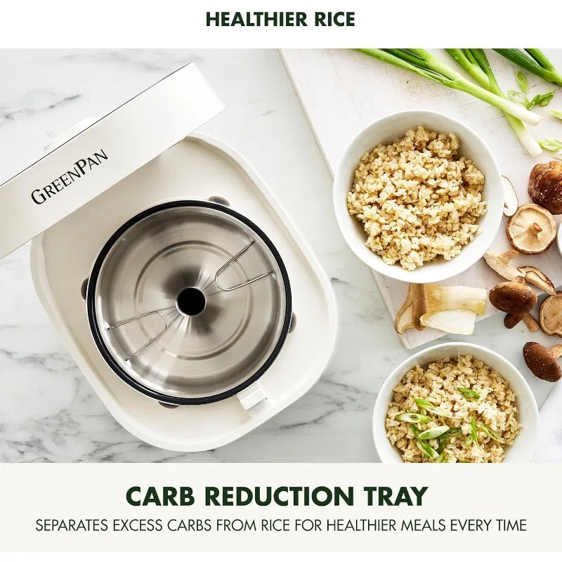 GreenPan Carb Reducing Electric Rice Cooker, 4 Cups Uncooked/8 Cooked Rice, 10 Presets, LED Display, Healthier Meals