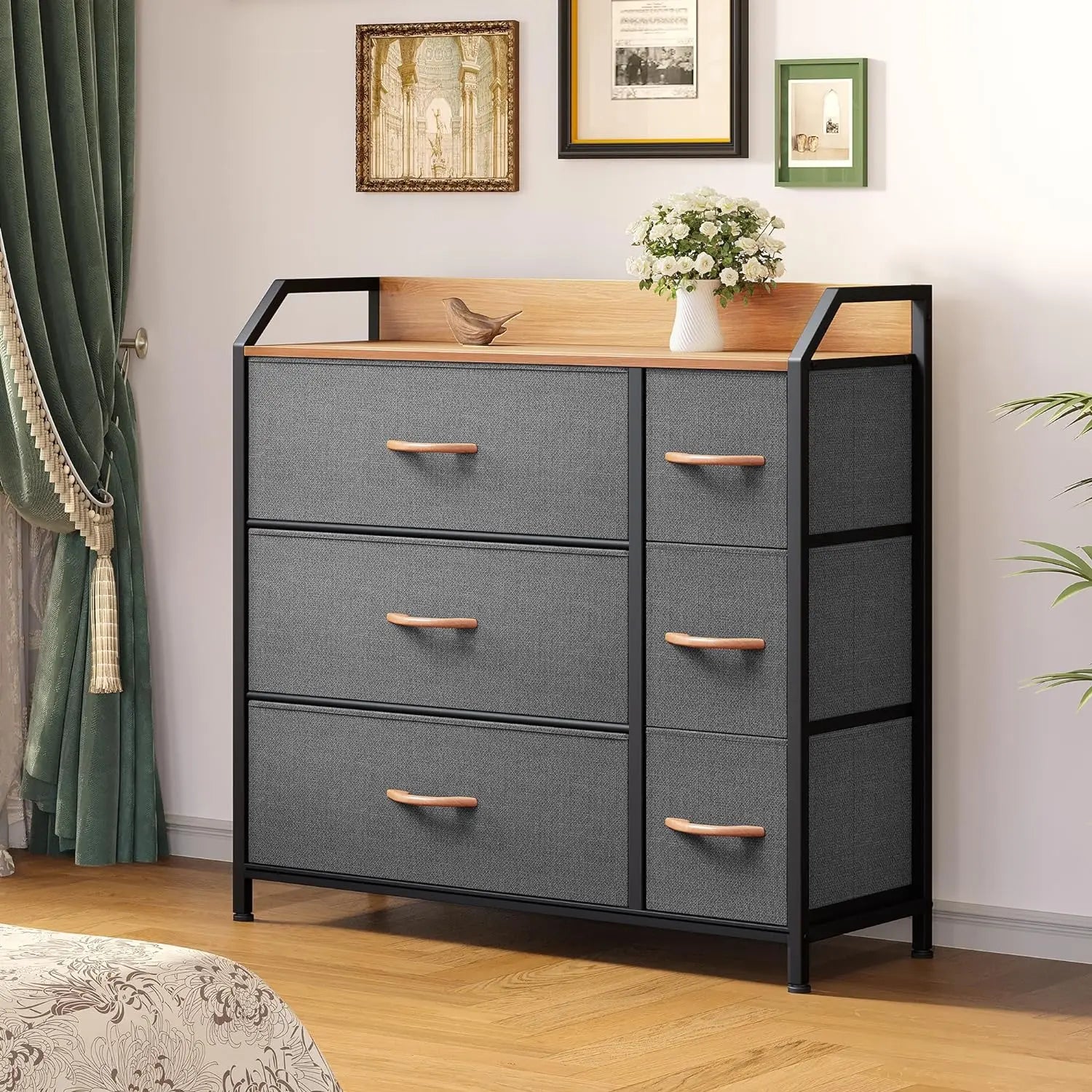 Fabric Dresser Storage Tower - Sturdy Steel Frame, Wooden Top