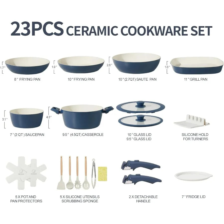 23pcs Ceramic Pots and Pans Set with Nonstick Surface and Detachable Handles for Induction Cooktops Includes Frying Pans and Sa