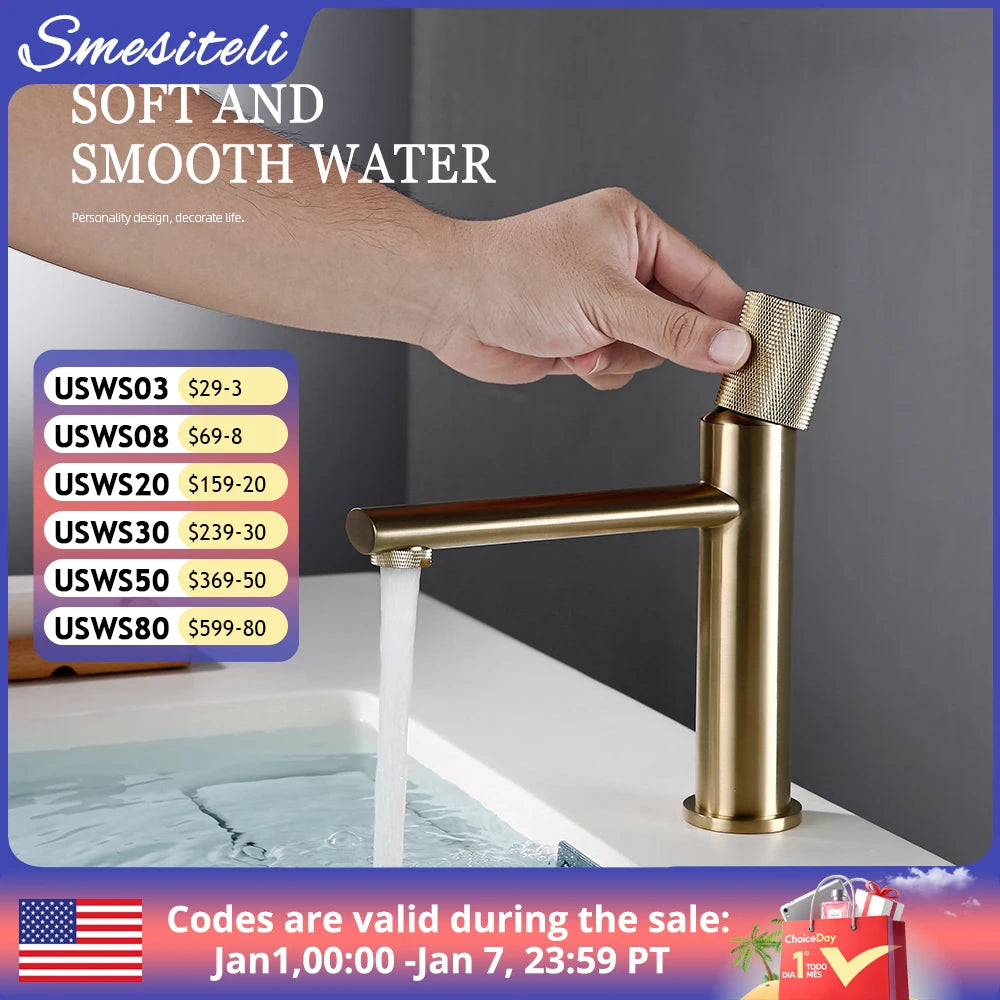 Knurled Faucet Brushed Gold Basin Faucet Bathroom Taps Single Handle Hot and Cold Sink Mixer Knurled Basin Faucet