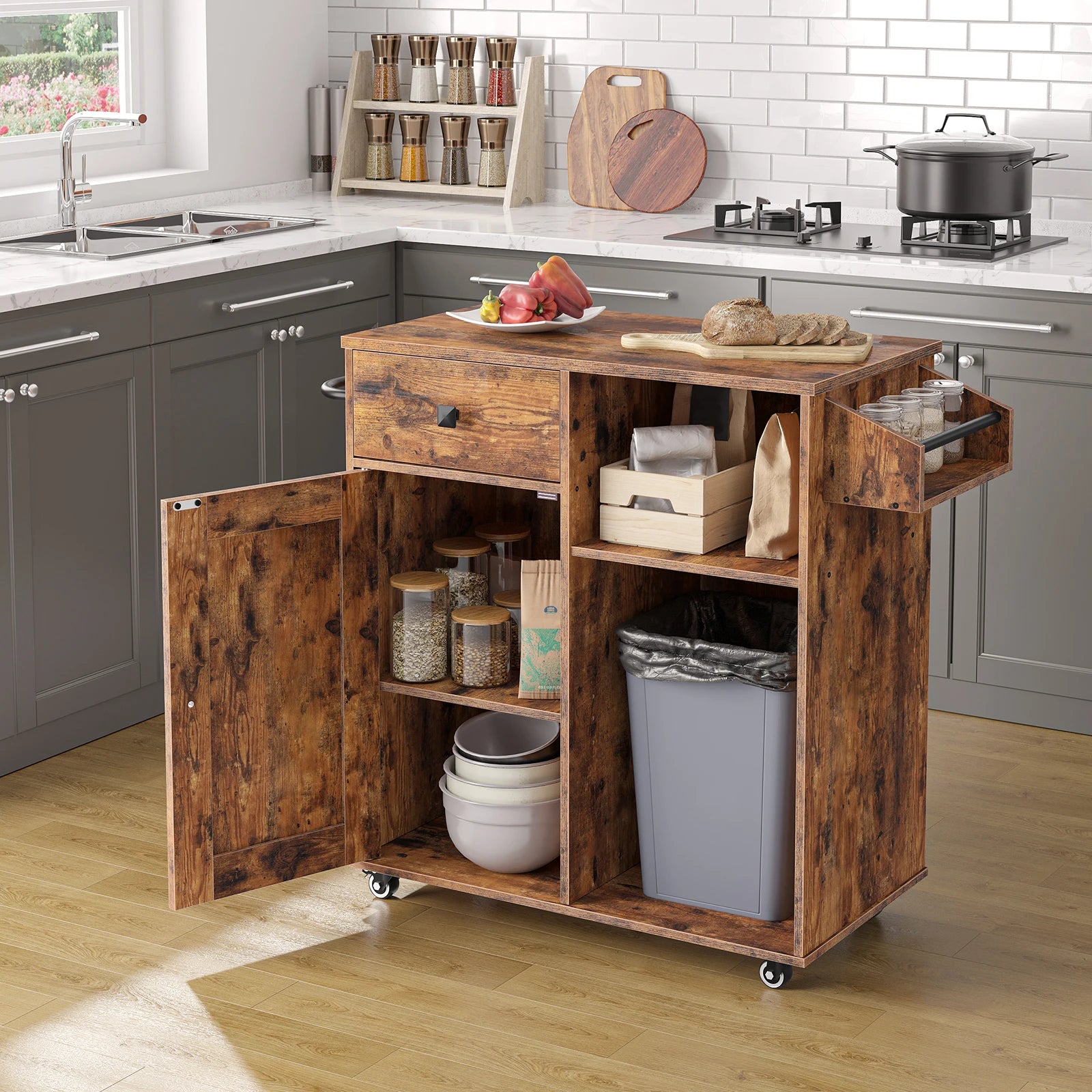 Storage Cabinet with Drawer, Kitchen Cart with Spice and Towel Rack