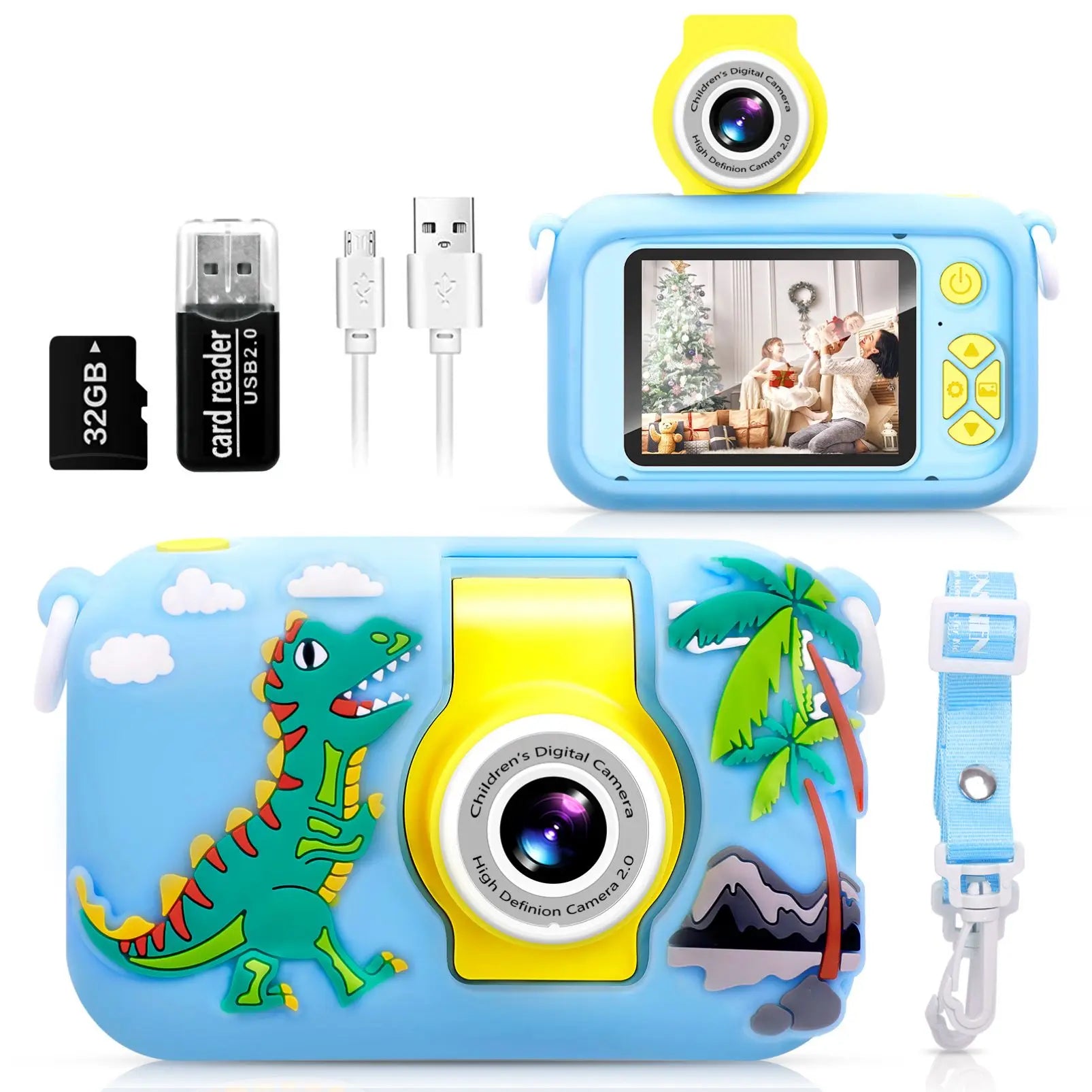 Kids Camera with 180° Flip-Up Lens, 2.4inch HD IPS Screen Digital Camera for Kids with Dinosaur Silicone Case, with 32GB SD Card