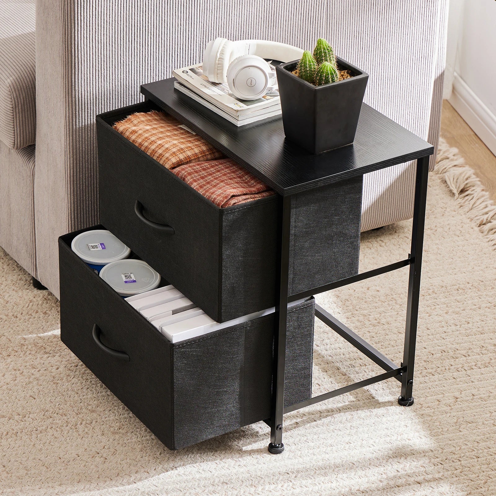 JHK Nightstand Bedside Coffee Sofa Tea Table Storage Closet Chest Clothes Display For Bedroom 2 Fabric Drawers Cabinet Furniture