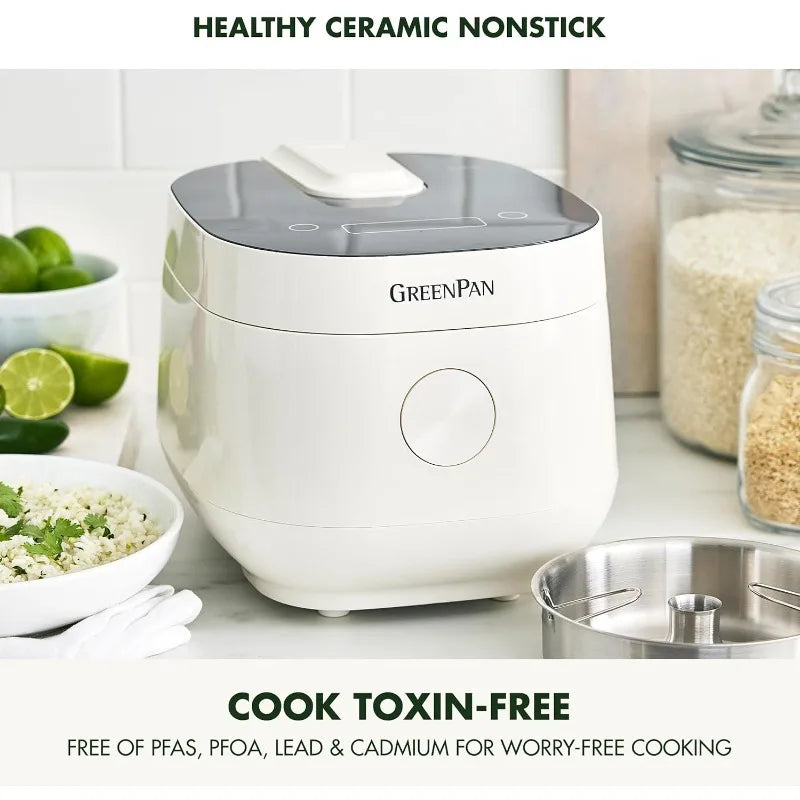 GreenPan Carb Reducing Electric Rice Cooker, 4 Cups Uncooked/8 Cooked Rice, 10 Presets, LED Display, Healthier Meals