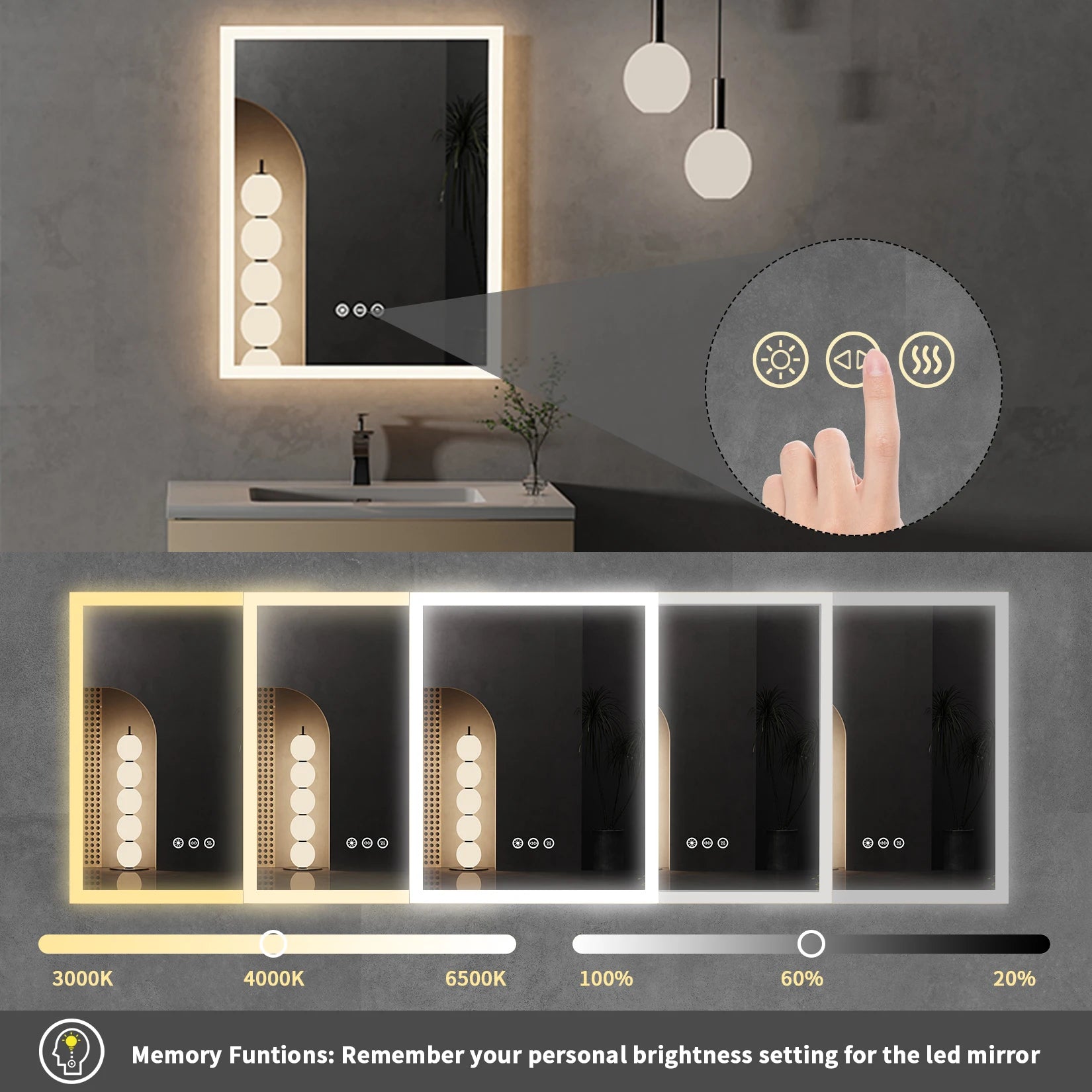 Wall Mounted LED Lighted Bathroom Mirror with Anti-Fog, 16x20 inch