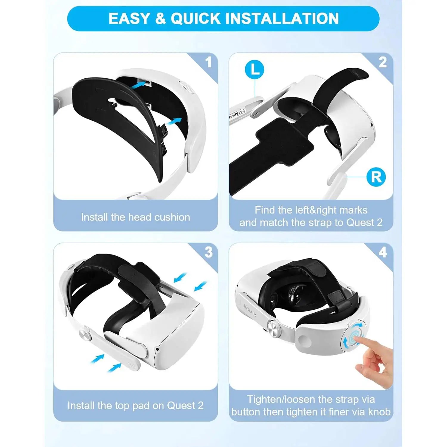 TRANSNOVO Adjustable Head Strap Compatible with Oculus Quest 2 and Meta Quest 2 Comfortable and Ergonomic VR Accessory for Enha