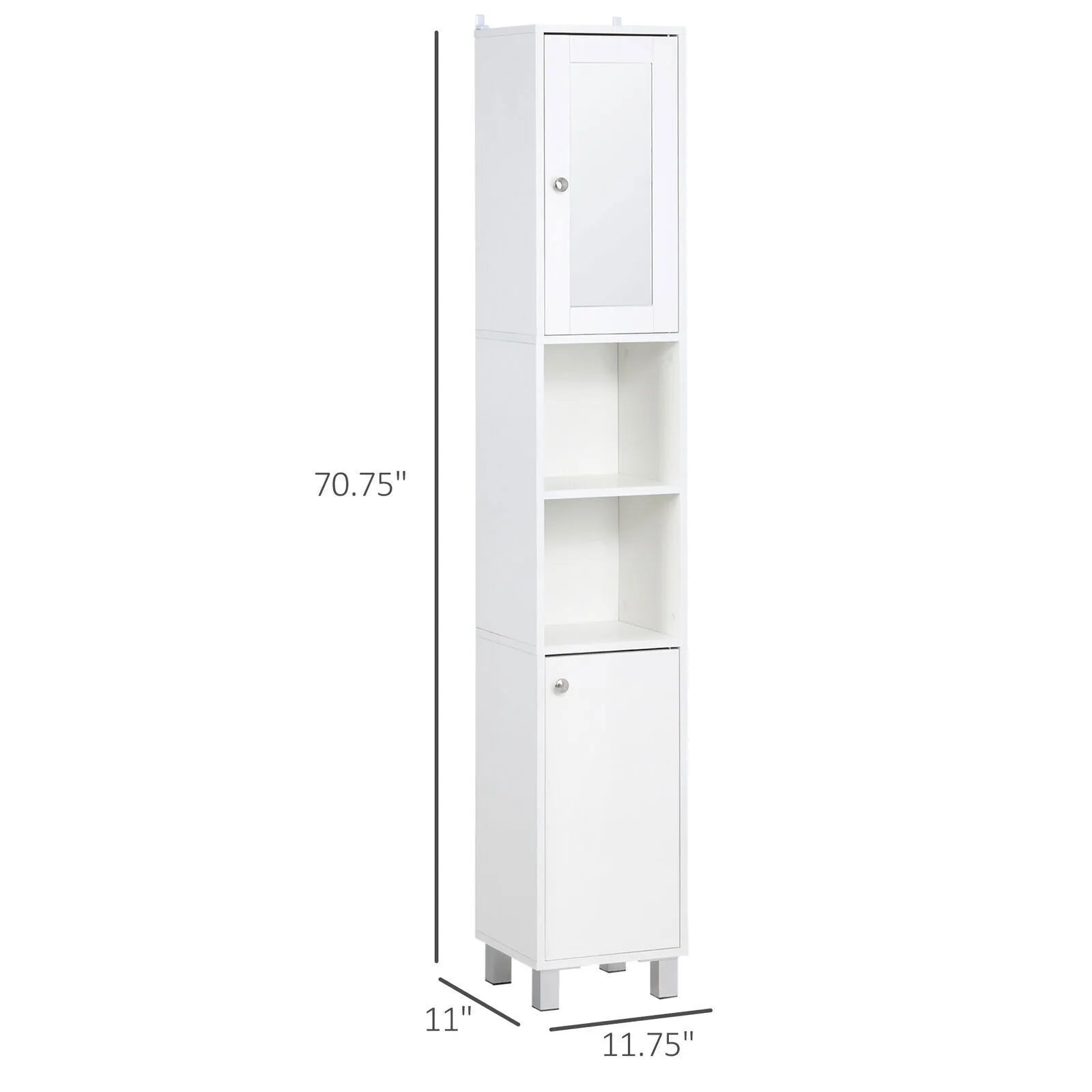 US 71" Wooden Tall Narrow Bathroom Floor Storage Towel Cabinet with Mirror White