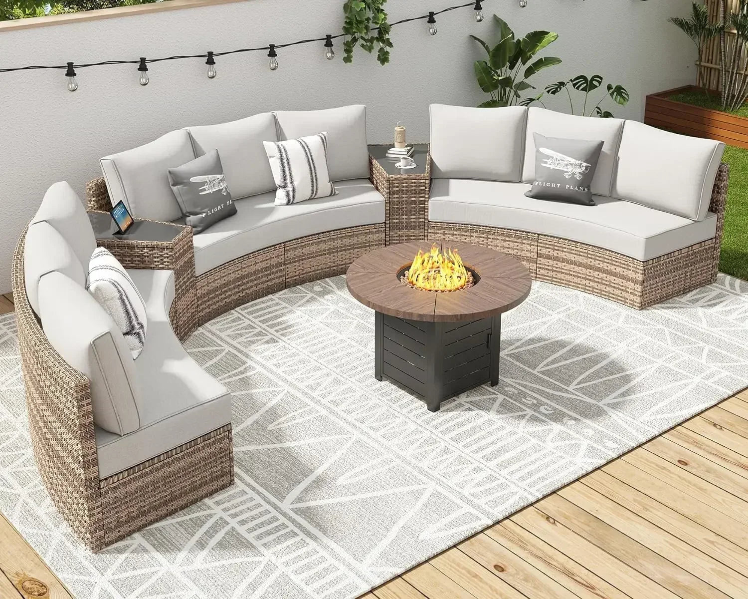 Patio Furniture Sets,11 Piece Half-Moon Sectional Round Sofa Set, Outdoor Patio Furniture with Cushions & Wedge Table