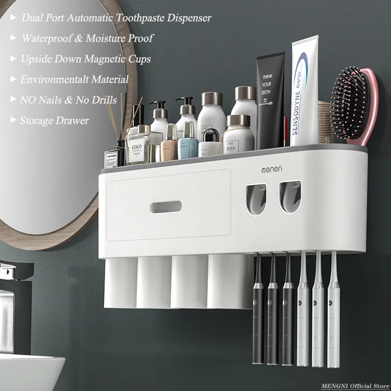 MENGNI-Magnetic Adsorption Inverted Toothbrush Holder Wall -Automatic Toothpaste Squeezer Storage Rack Bathroom Accessories