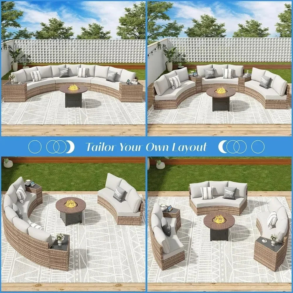 Patio Furniture Sets,11 Piece Half-Moon Sectional Round Sofa Set, Outdoor Patio Furniture with Cushions & Wedge Table