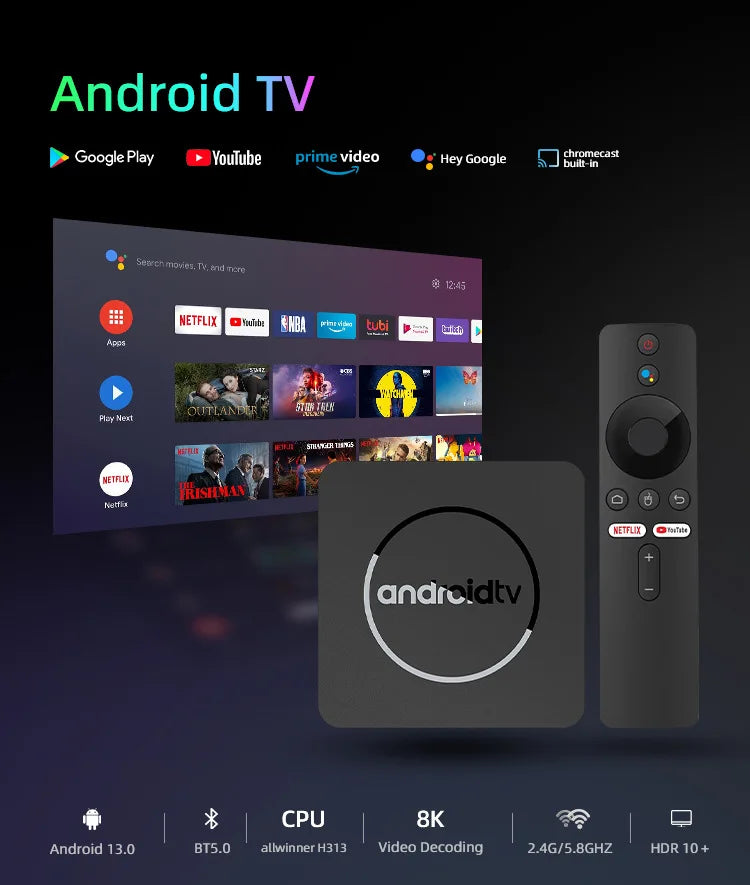 Q10 Android13 8K HDR10+ Smart TV Box Allwinner H313 128G Dual Wifi BT5.0 Set Top Box Media Player with Google Voice Assistant