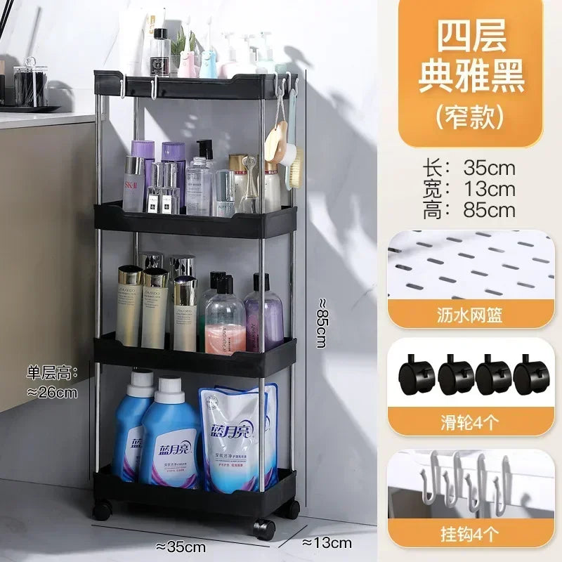 Bathroom Storage Rack with Wheels 3/4 Layer Rolling Utility Cart Bathroom Storage Organizer Multi-purpose Utility Cart