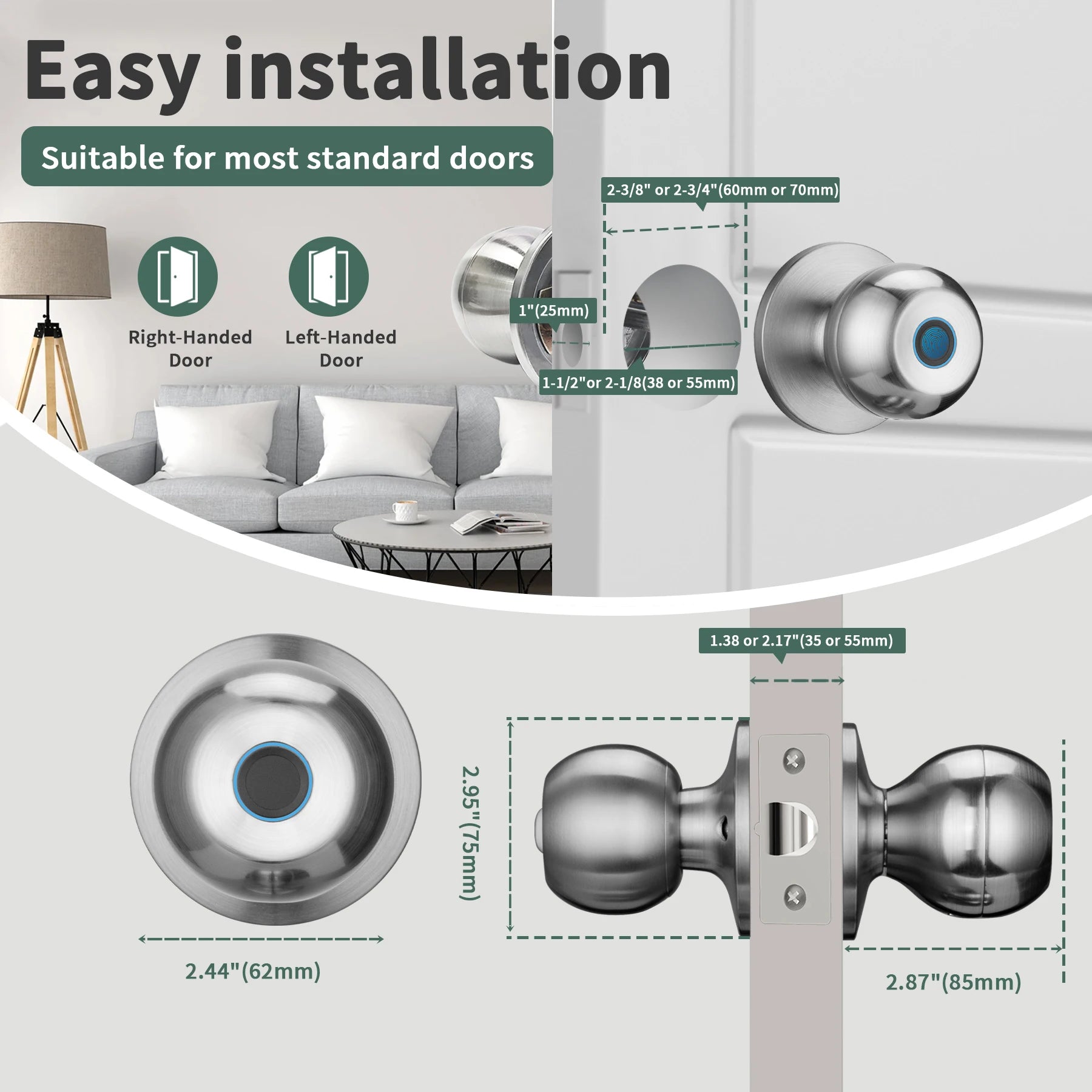 Fingerprint Bedroom Smart Lock Biometric Door Knob