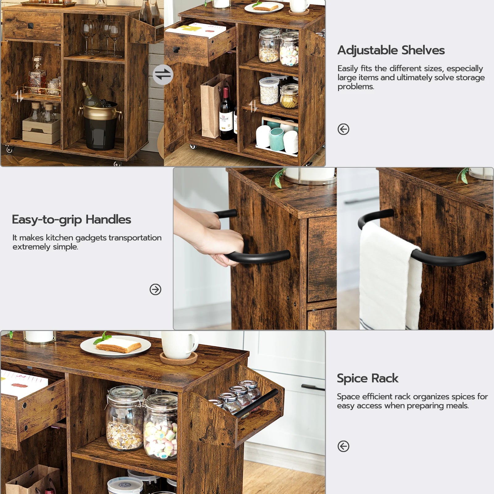 Storage Cabinet with Drawer, Kitchen Cart with Spice and Towel Rack